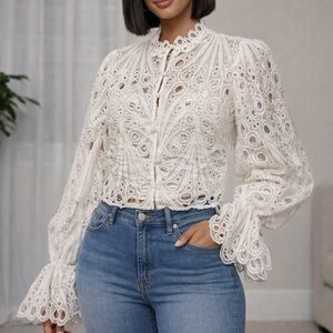 White Lace Crochet Long-Sleeve Women's Top
